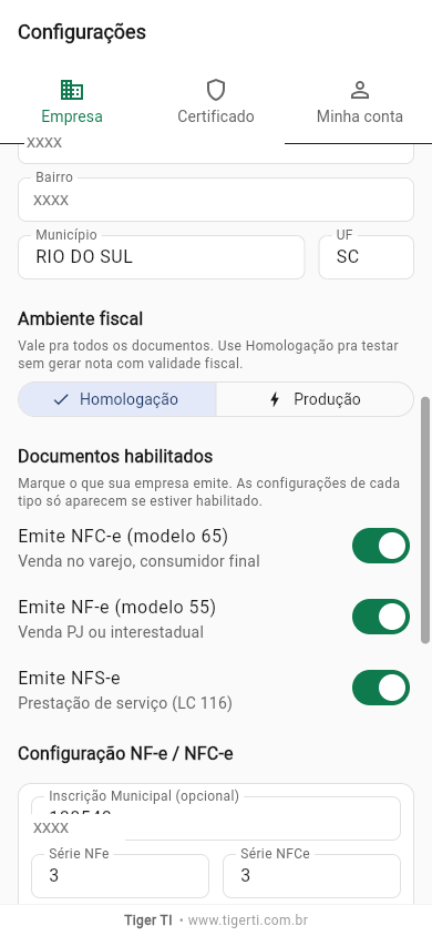 Endereço, ambiente fiscal e documentos habilitados