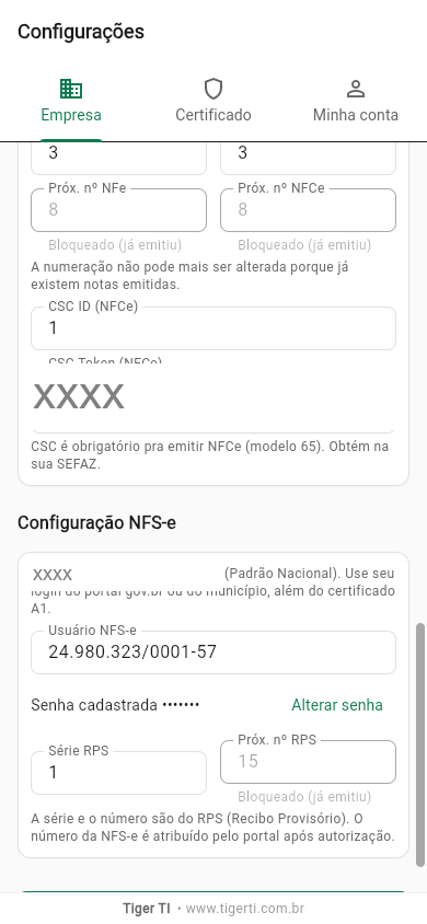 Campos CSC ID e CSC Token
