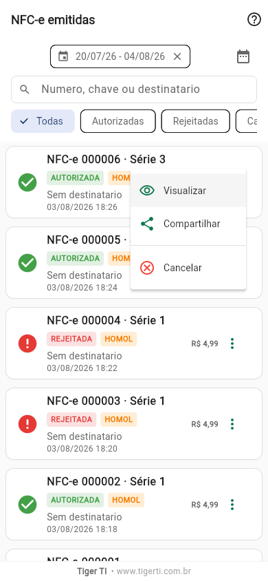 Menu de ações da nota