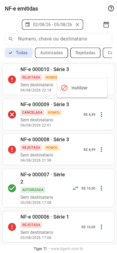 Menu da nota rejeitada
