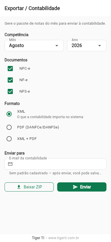Tela de exportação